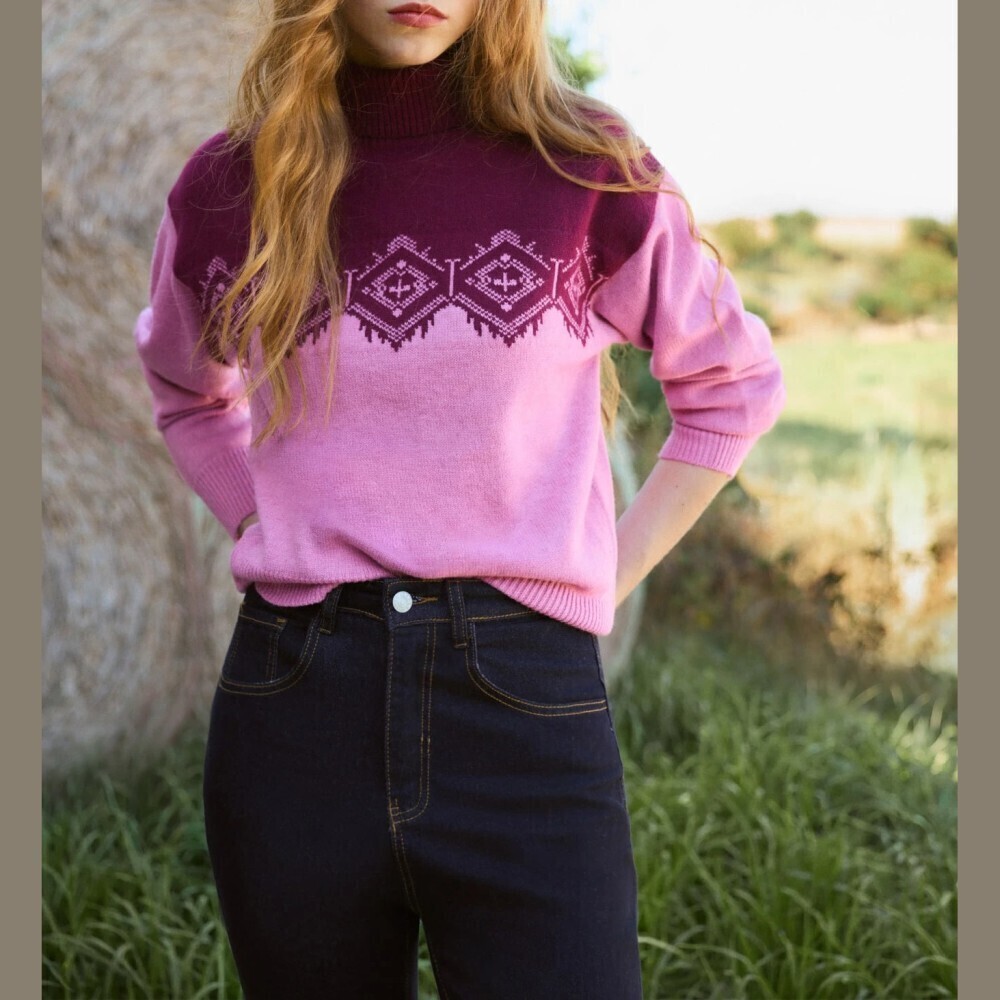 Pink Colorblock Fair Isle Turtleneck Knit Sweater with Pink Burgundy Yoke